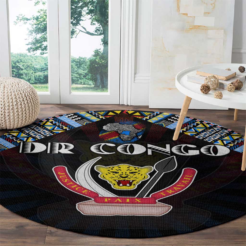 DR Congo Roots Round Carpet African Pride in Fingerprint and Tribal Colors DT02