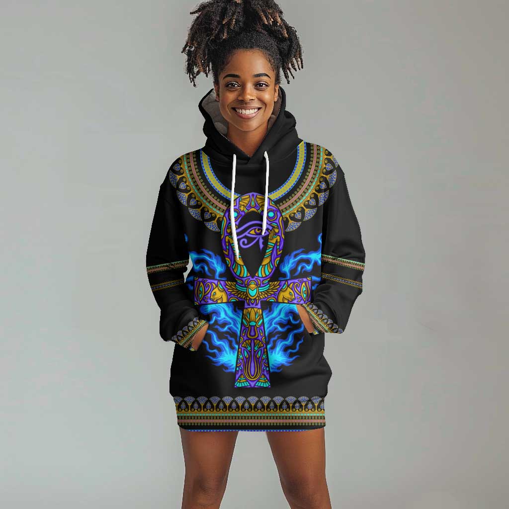 Egyptian Ankh Golden Blue Fire Hoodie Dress DT02