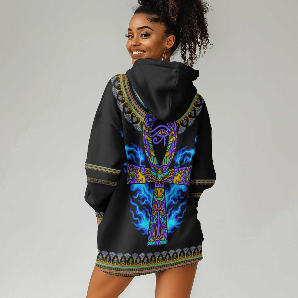 Egyptian Ankh Golden Blue Fire Hoodie Dress DT02