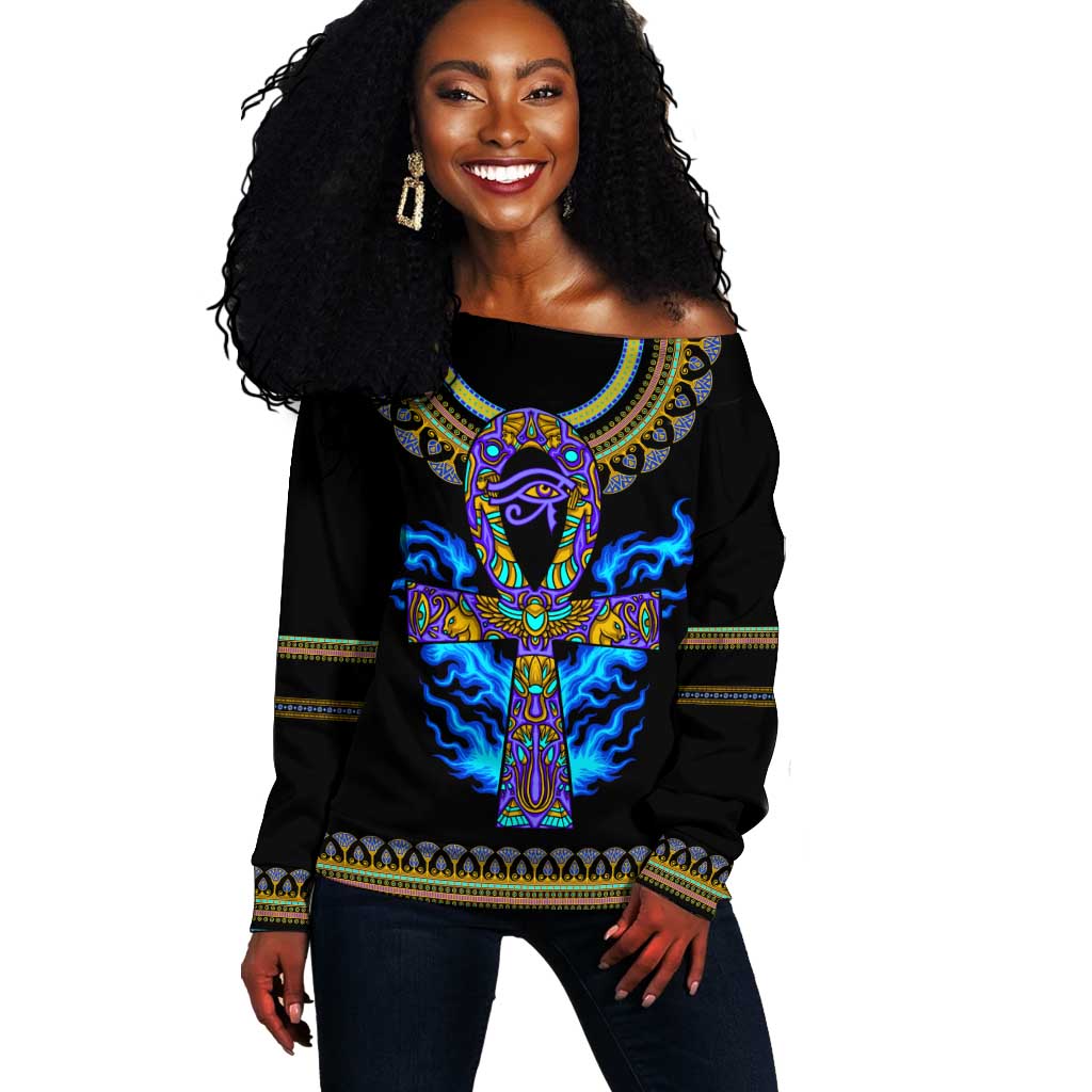 Egyptian Ankh Golden Blue Fire Off Shoulder Sweater DT02
