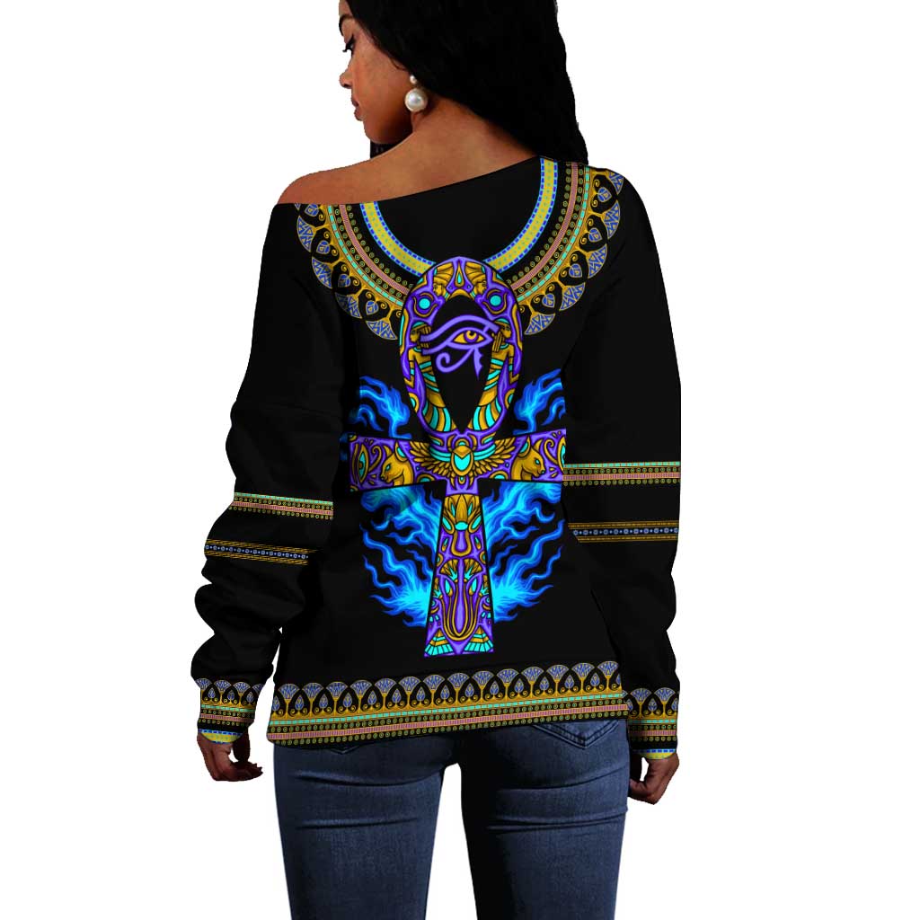 Egyptian Ankh Golden Blue Fire Off Shoulder Sweater DT02
