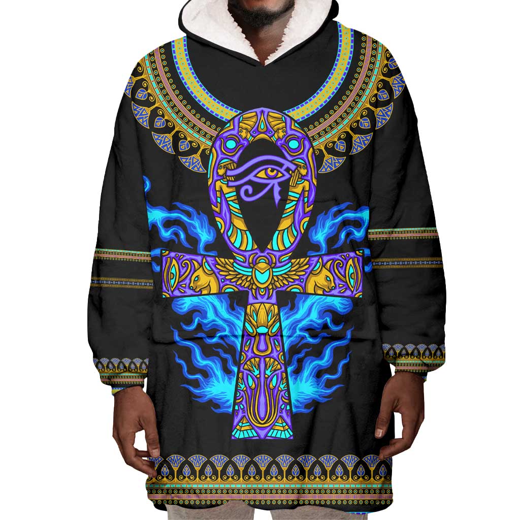 Egyptian Ankh Golden Blue Fire Wearable Blanket Hoodie DT02