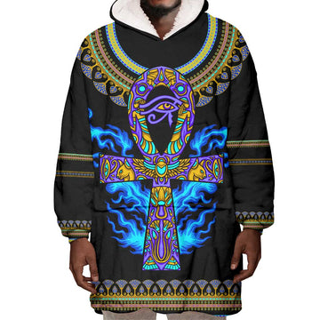 Egyptian Ankh Golden Blue Fire Wearable Blanket Hoodie DT02