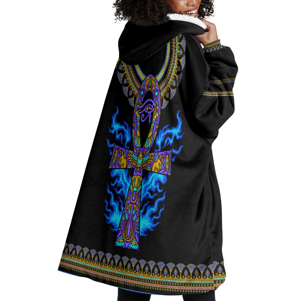 Egyptian Ankh Golden Blue Fire Wearable Blanket Hoodie DT02