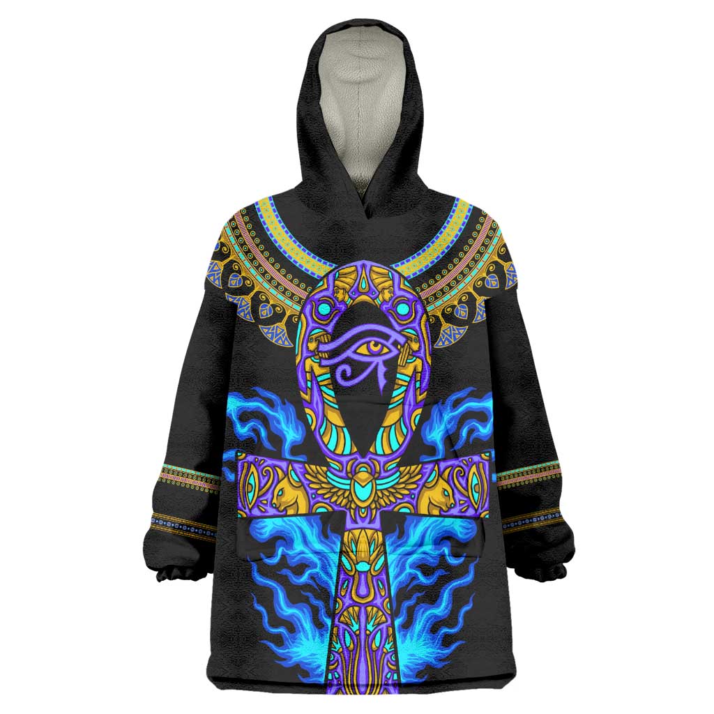 Egyptian Ankh Golden Blue Fire Wearable Blanket Hoodie DT02