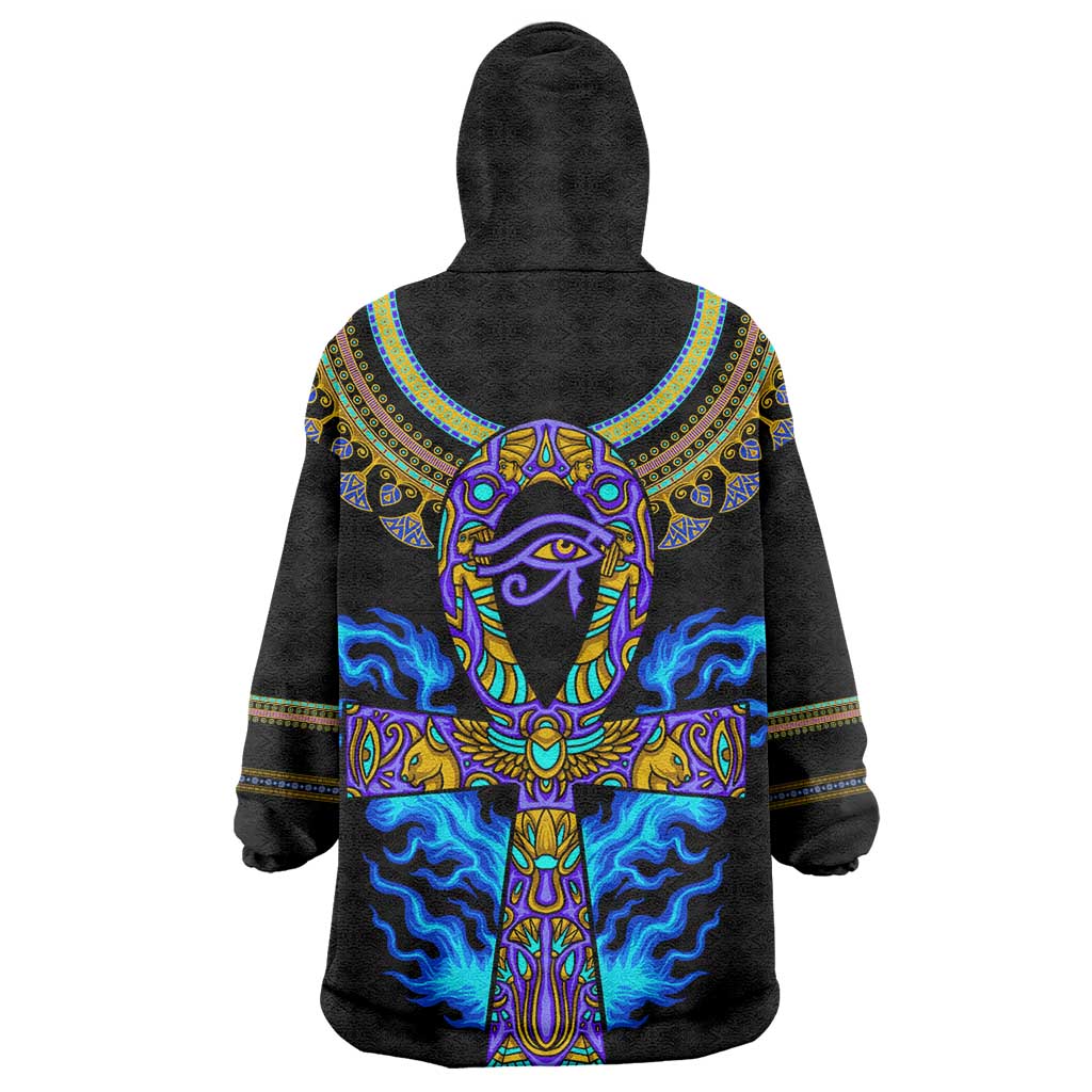 Egyptian Ankh Golden Blue Fire Wearable Blanket Hoodie DT02
