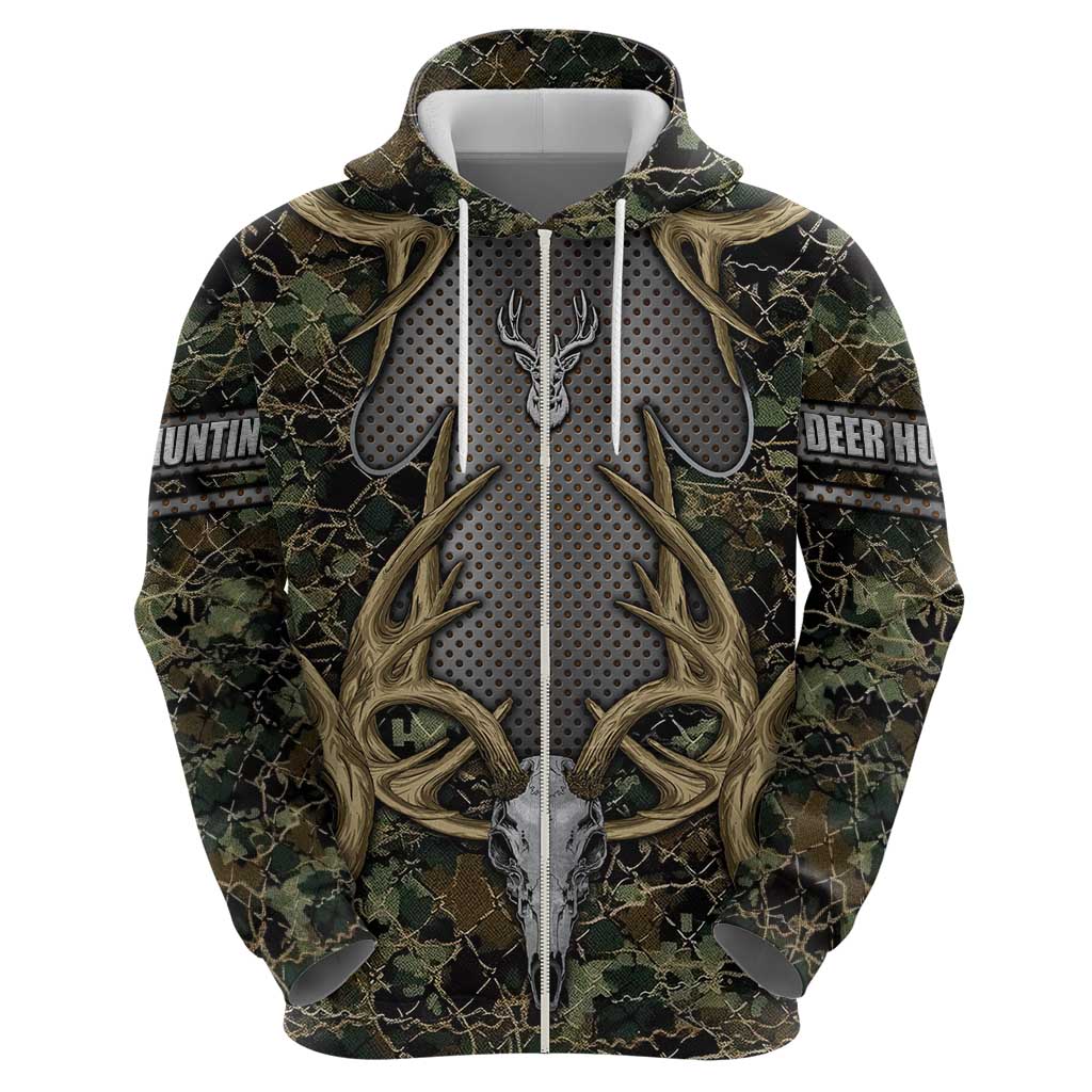 Skull Deer Hunting Camouflage Pattern Hoodie Rustic Hunting Metal Mesh Background Art DT02