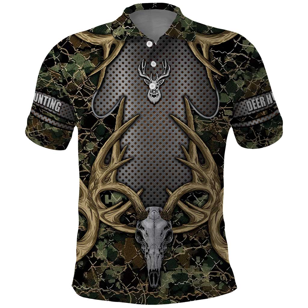 Skull Deer Hunting Camouflage Pattern Polo Shirt Rustic Hunting Metal Mesh Background Art DT02