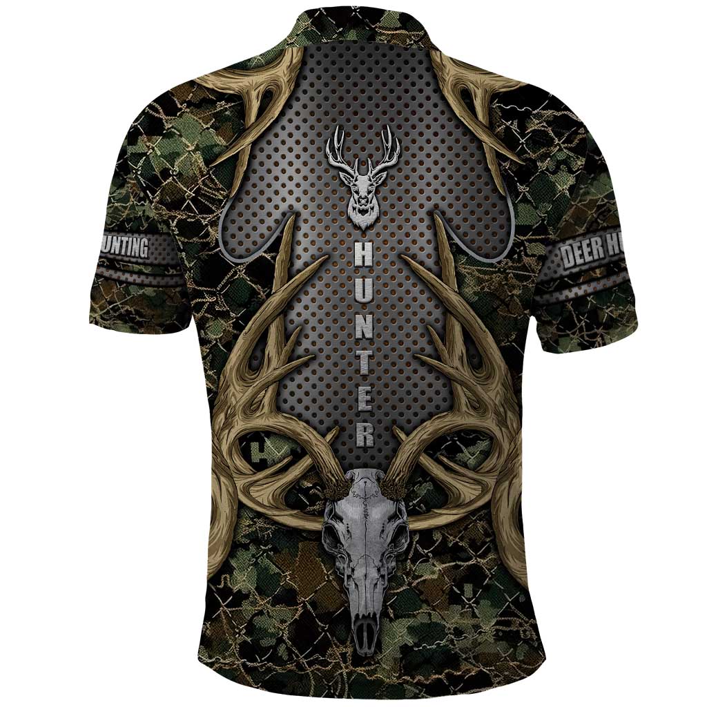 Skull Deer Hunting Camouflage Pattern Polo Shirt Rustic Hunting Metal Mesh Background Art DT02