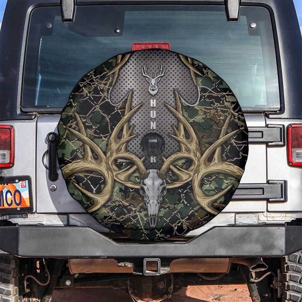 Skull Deer Hunting Camouflage Pattern Spare Tire Cover Rustic Hunting Metal Mesh Background Art DT02