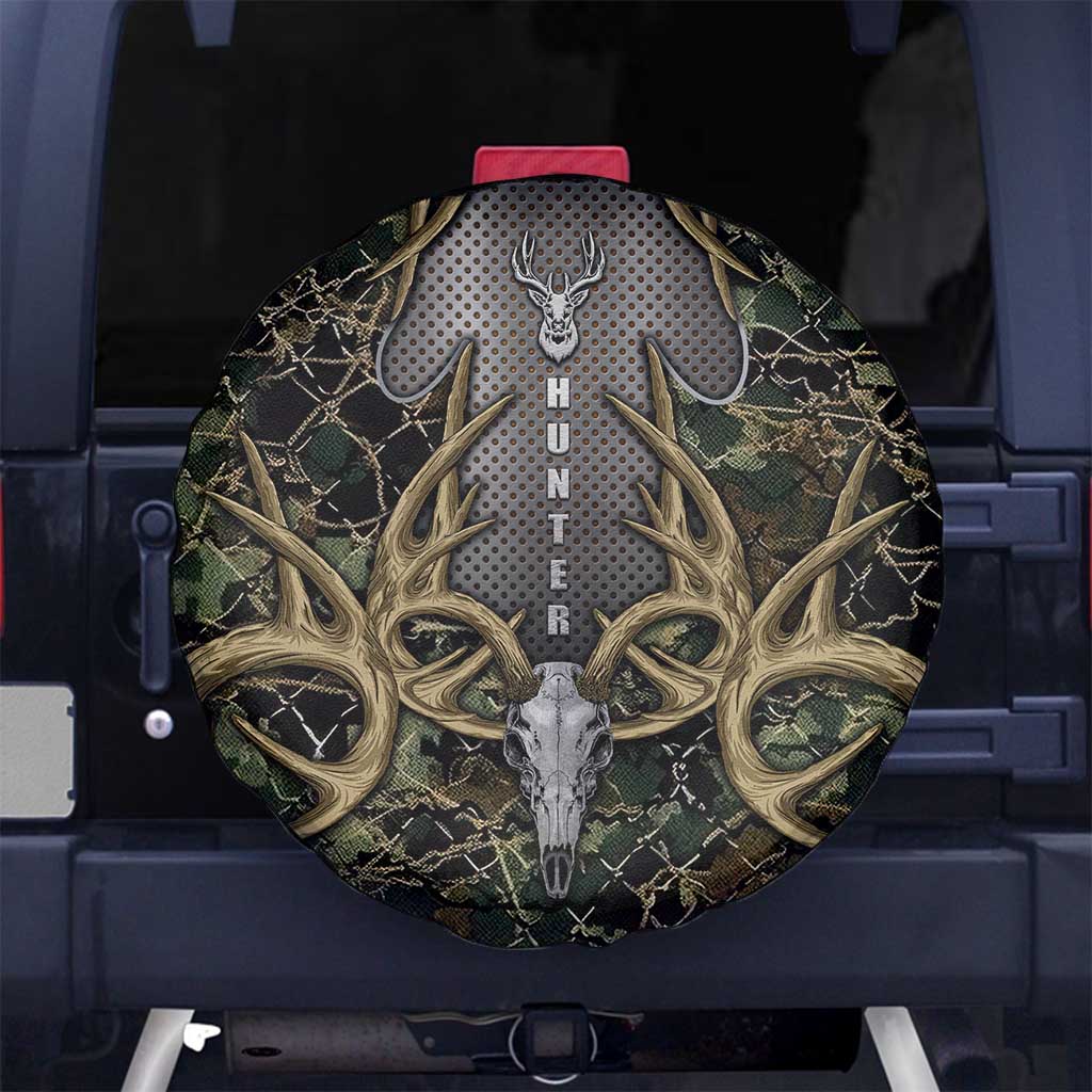 Skull Deer Hunting Camouflage Pattern Spare Tire Cover Rustic Hunting Metal Mesh Background Art DT02
