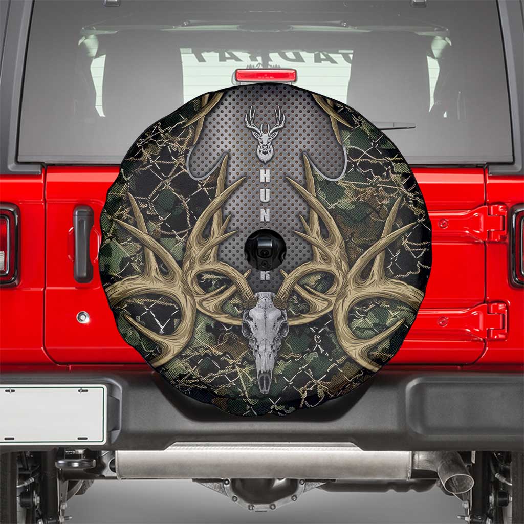Skull Deer Hunting Camouflage Pattern Spare Tire Cover Rustic Hunting Metal Mesh Background Art DT02