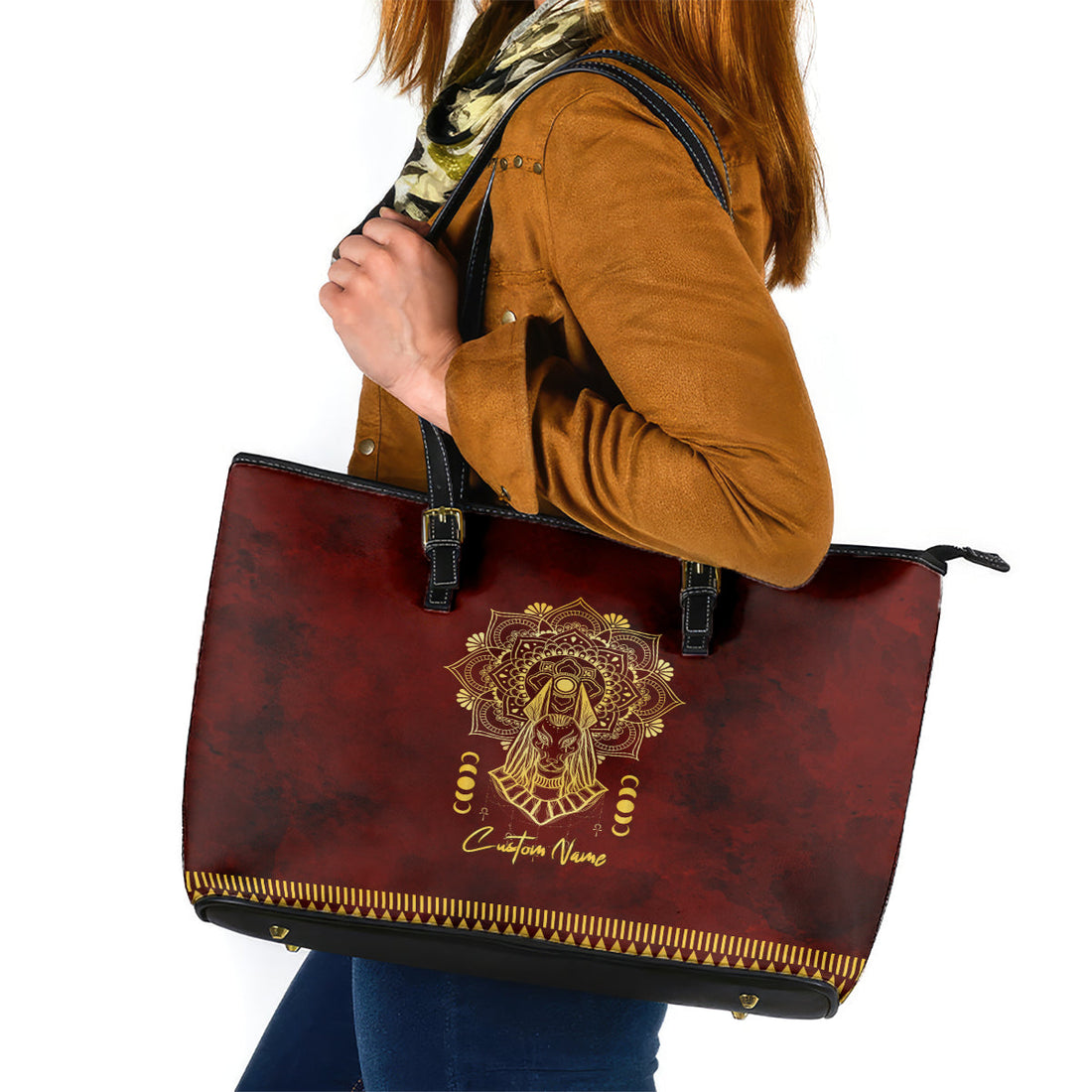 Personalized Anubis Leather Tote Bag Ancient Egyptian Pattern In Red DT02