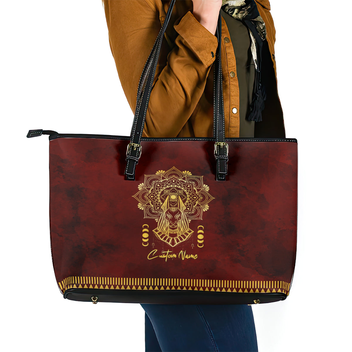 Personalized Anubis Leather Tote Bag Ancient Egyptian Pattern In Red DT02