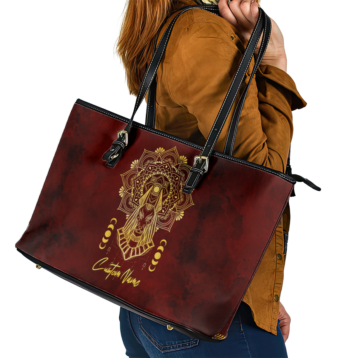 Personalized Anubis Leather Tote Bag Ancient Egyptian Pattern In Red DT02