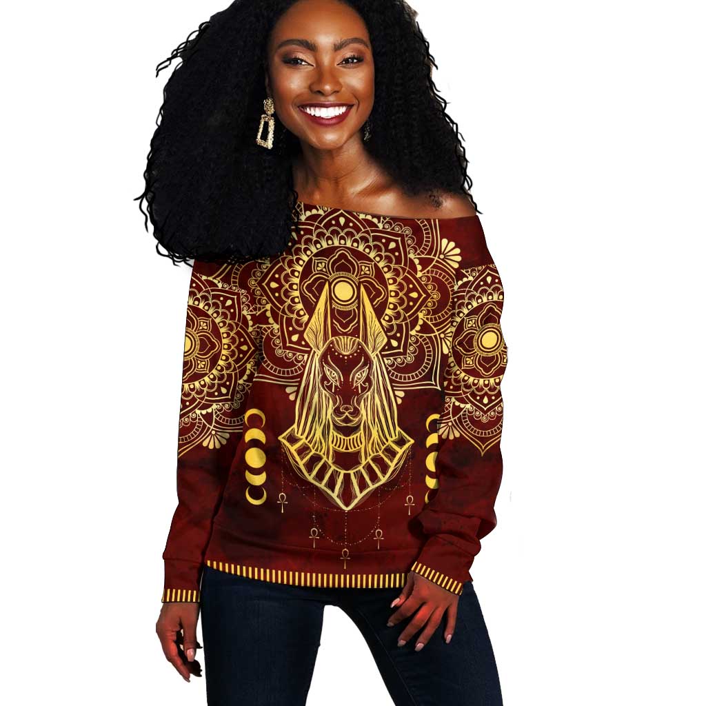Personalized Anubis Off Shoulder Sweater Ancient Egyptian Pattern In Red DT02