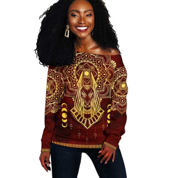 Personalized Anubis Off Shoulder Sweater Ancient Egyptian Pattern In Red DT02