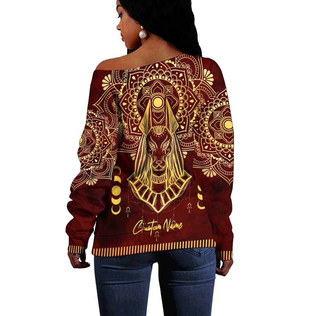 Personalized Anubis Off Shoulder Sweater Ancient Egyptian Pattern In Red DT02