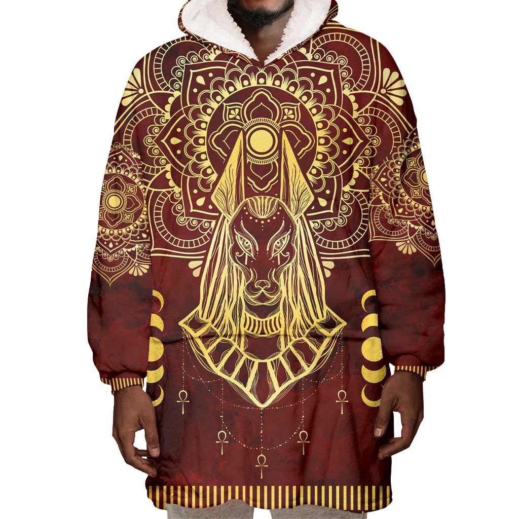 Personalized Anubis Wearable Blanket Hoodie Ancient Egyptian Pattern In Red DT02