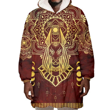 Personalized Anubis Wearable Blanket Hoodie Ancient Egyptian Pattern In Red DT02
