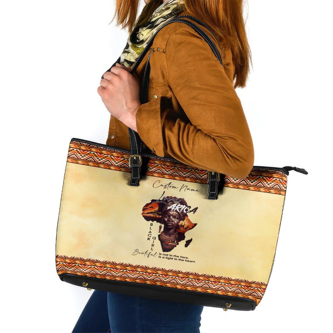 Personalized Love Africa Leather Tote Bag Black Girl Beautiful DT02
