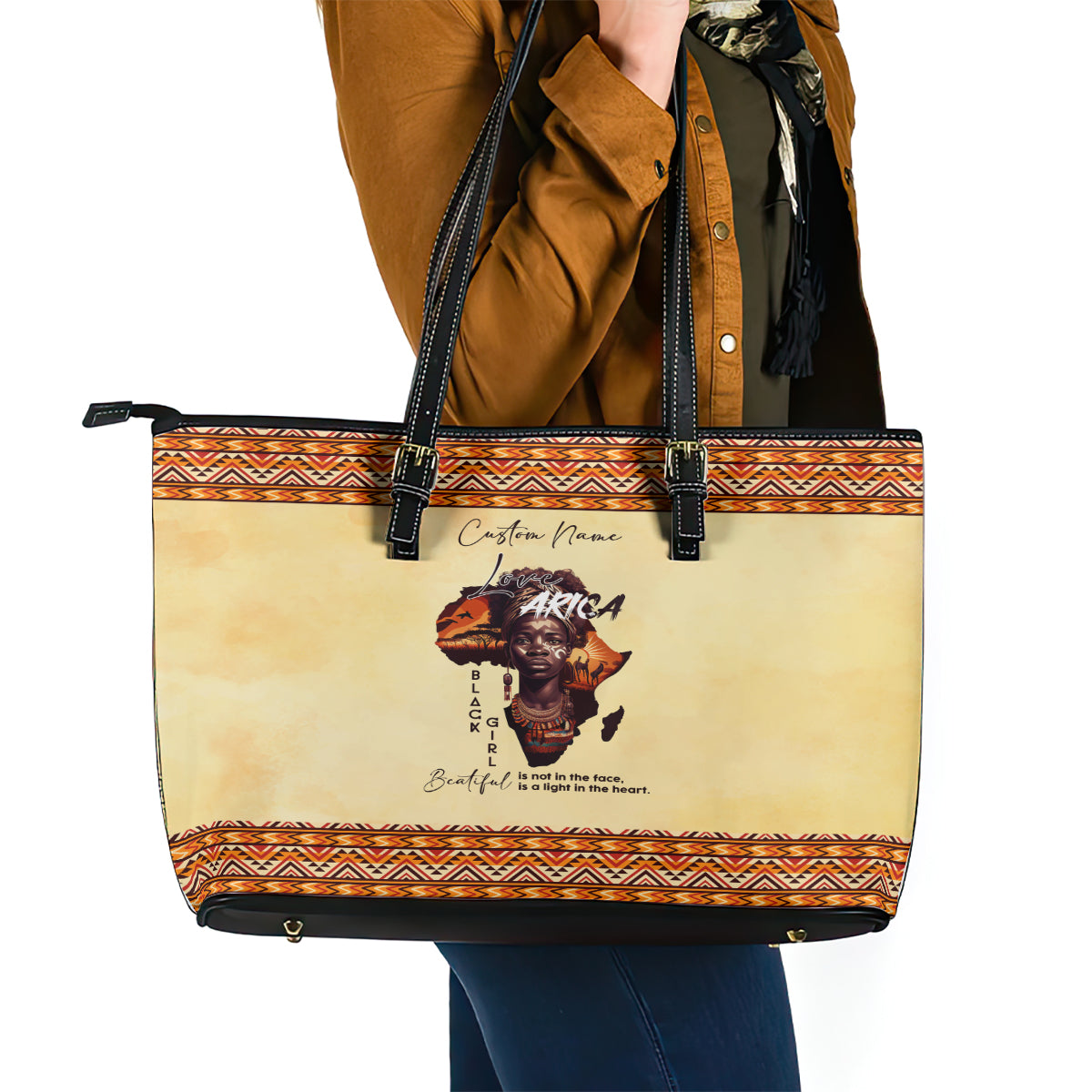 Personalized Love Africa Leather Tote Bag Black Girl Beautiful DT02