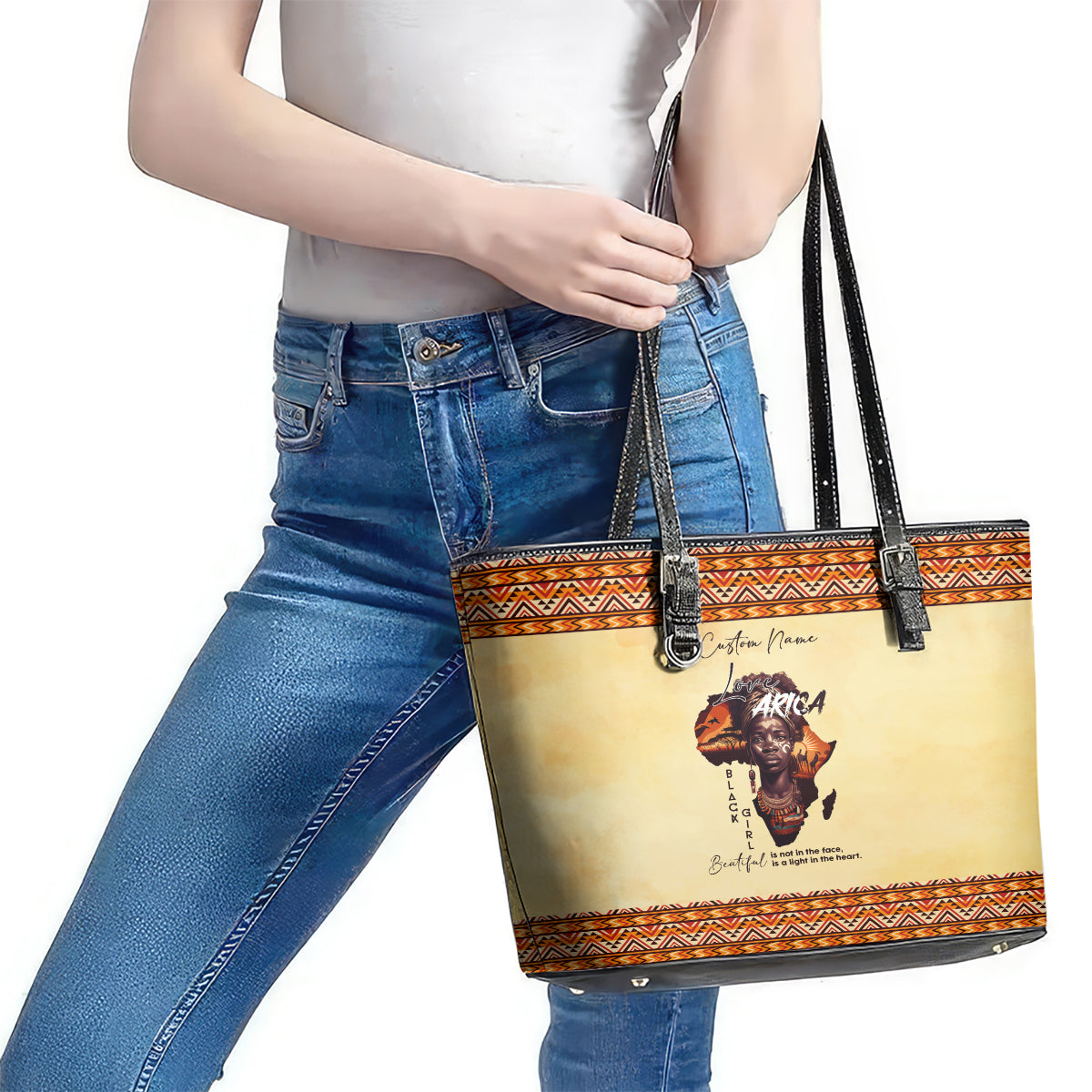 Personalized Love Africa Leather Tote Bag Black Girl Beautiful DT02