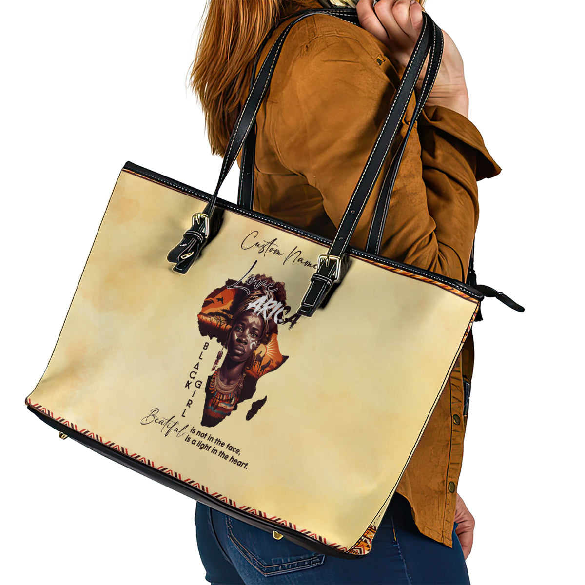 Personalized Love Africa Leather Tote Bag Black Girl Beautiful DT02