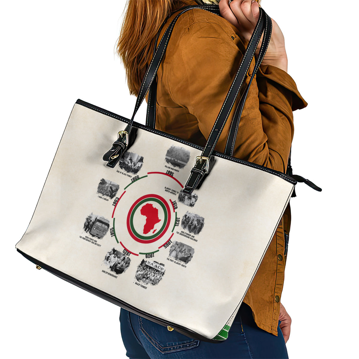 Black History Milestones Leather Tote Bag African Timeline DT02