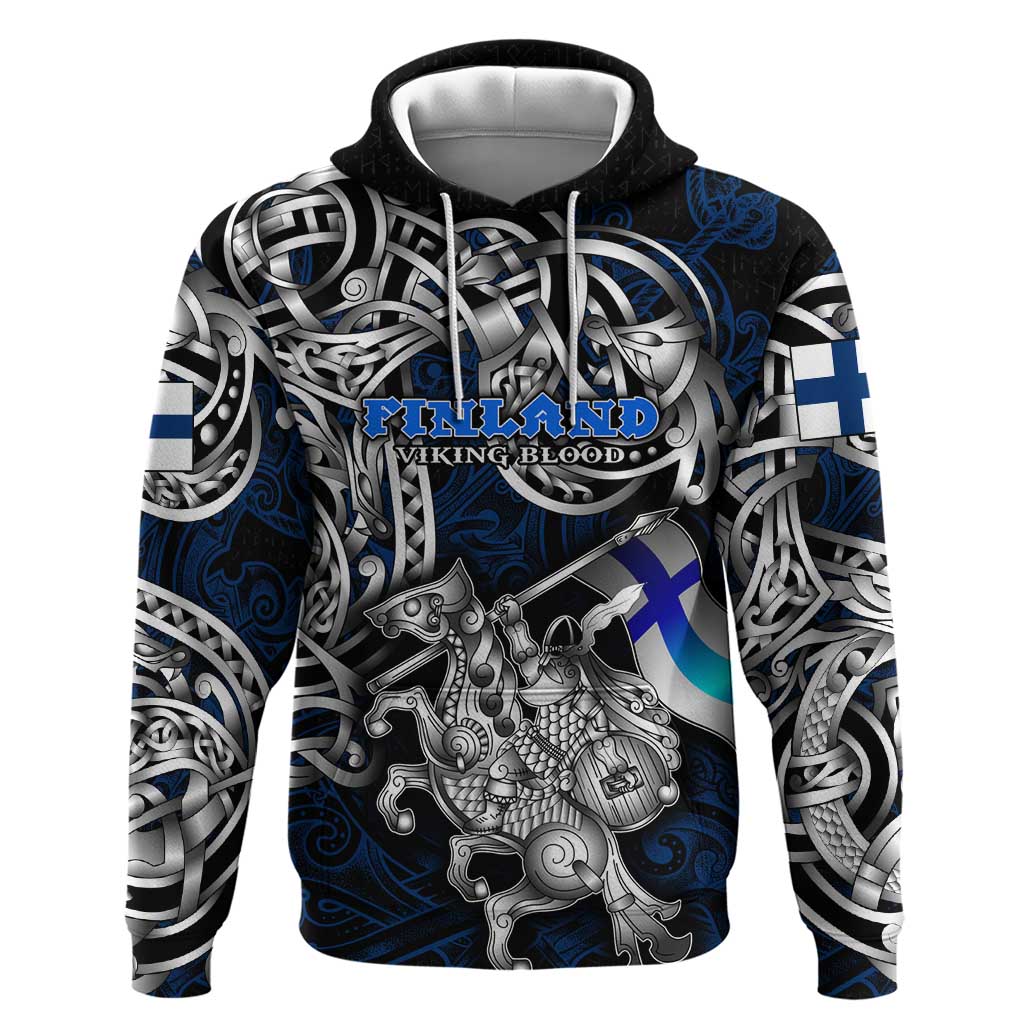 Personalized Finland Viking Blood Hoodie Nordic Runes and Shield of Ancestry in Tribal Knotwork DT02