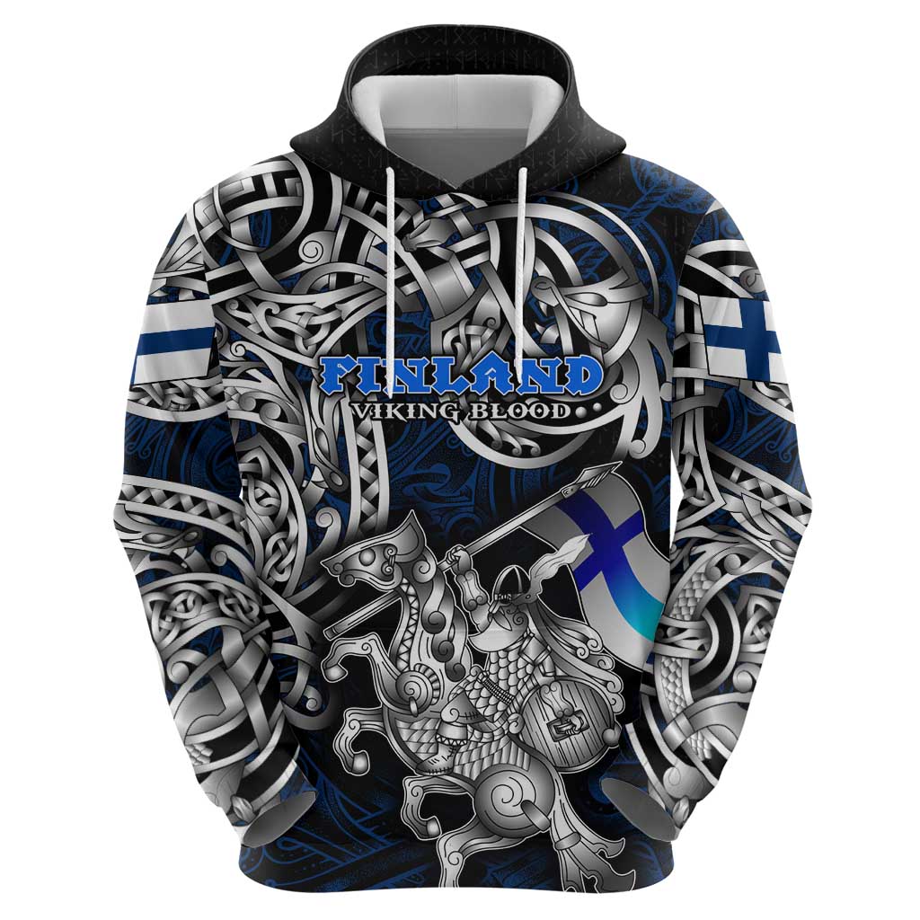 Personalized Finland Viking Blood Hoodie Nordic Runes and Shield of Ancestry in Tribal Knotwork DT02