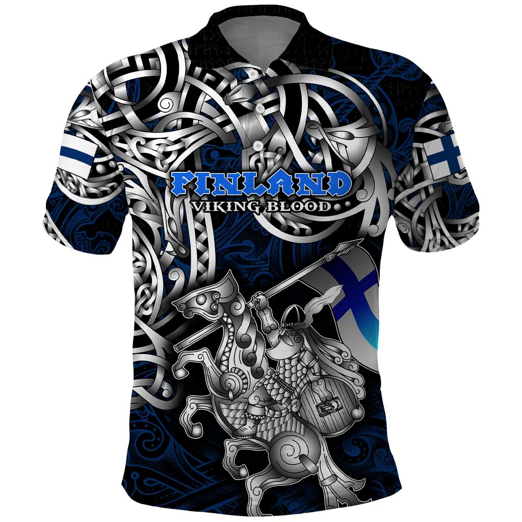 Personalized Finland Viking Blood Polo Shirt Nordic Runes and Shield of Ancestry in Tribal Knotwork DT02