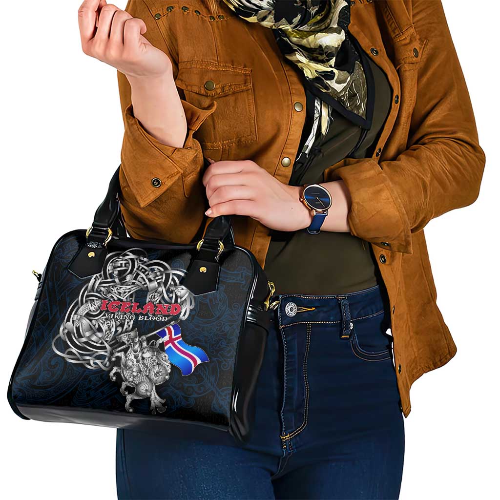 Iceland Viking Blood Shoulder Handbag Nordic Runes and Shield of Ancestry in Tribal Knotwork DT02