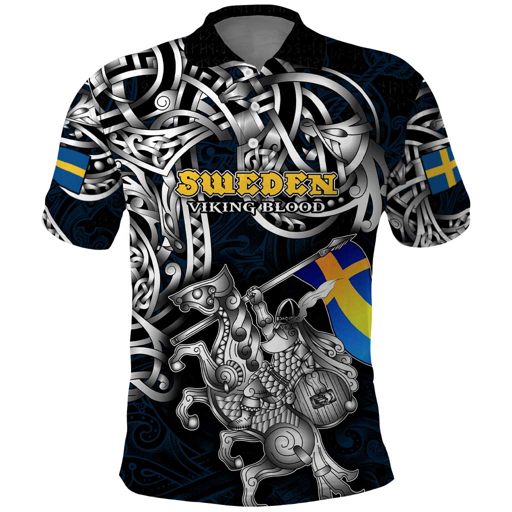 Personalized Sweden Viking Blood Polo Shirt Nordic Runes and Shield of Ancestry in Tribal Knotwork DT02