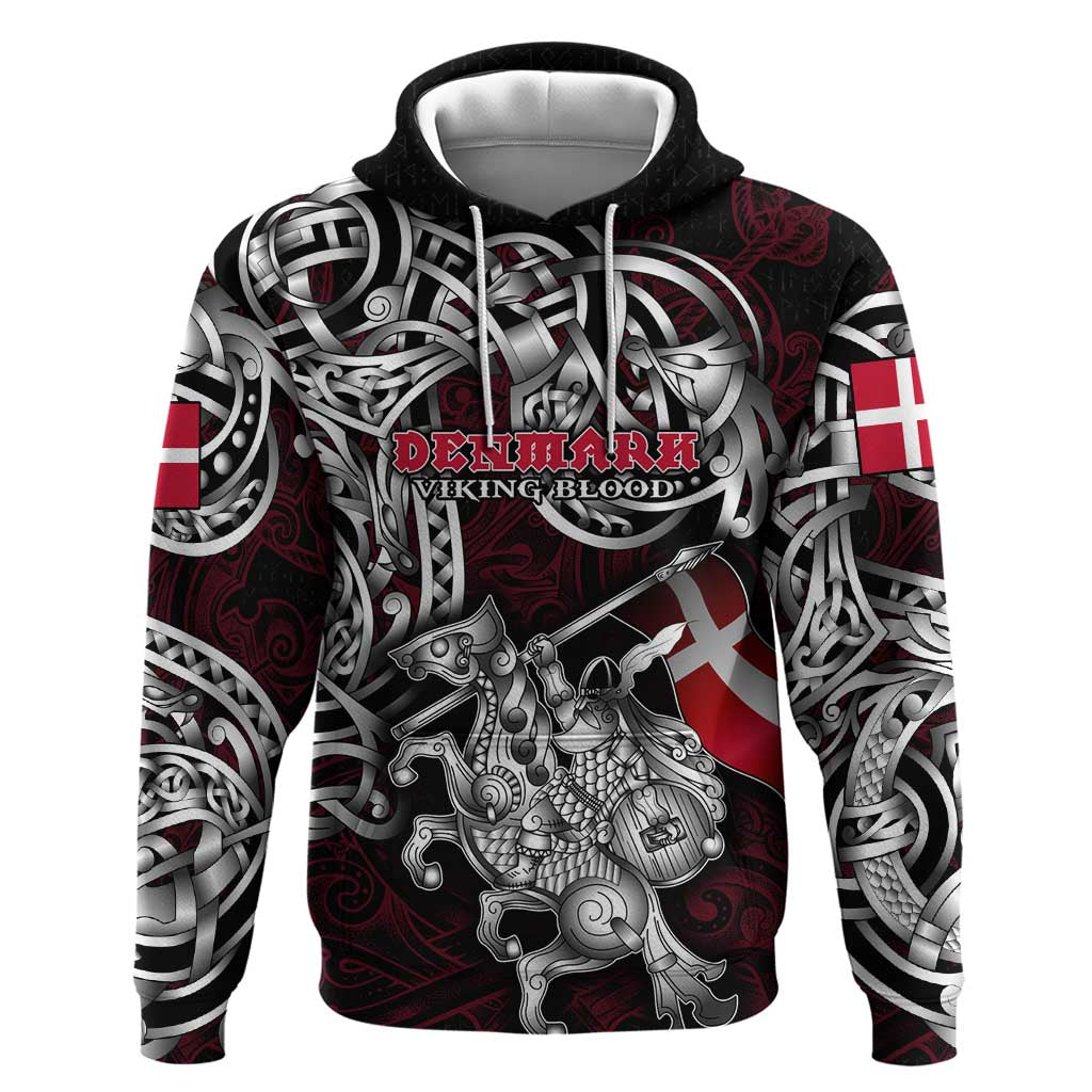 Personalized Denmark Viking Blood Hoodie Nordic Runes and Shield of Ancestry in Tribal Knotwork DT02