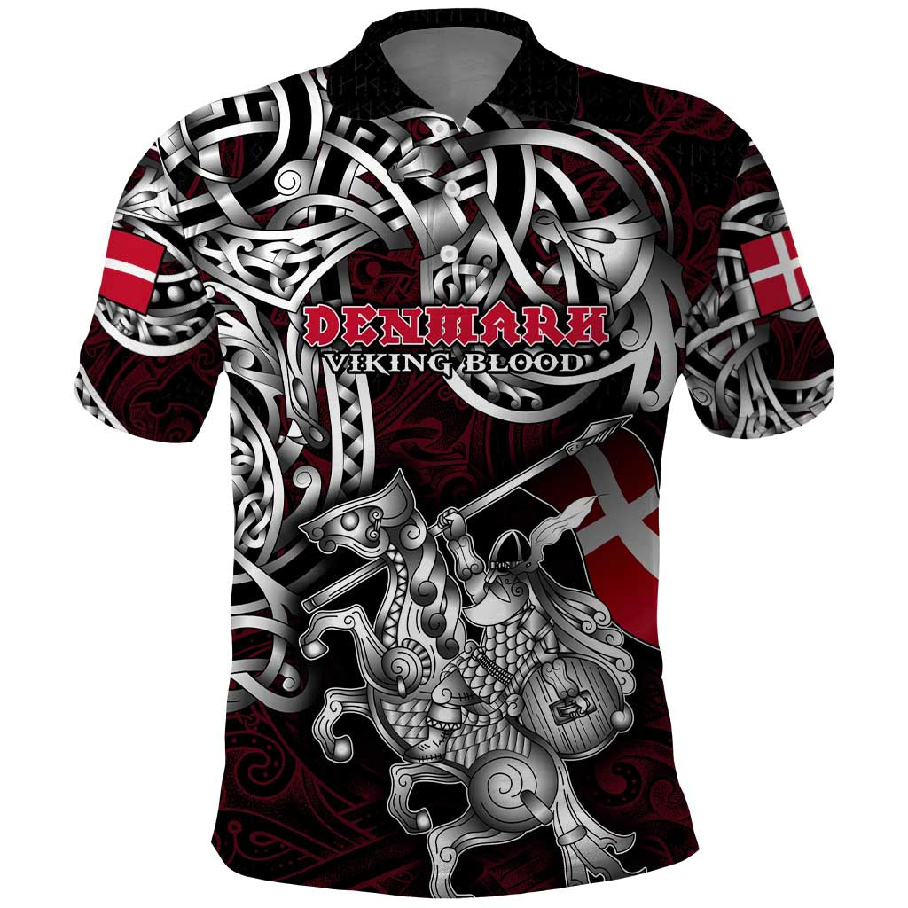 Personalized Denmark Viking Blood Polo Shirt Nordic Runes and Shield of Ancestry in Tribal Knotwork DT02