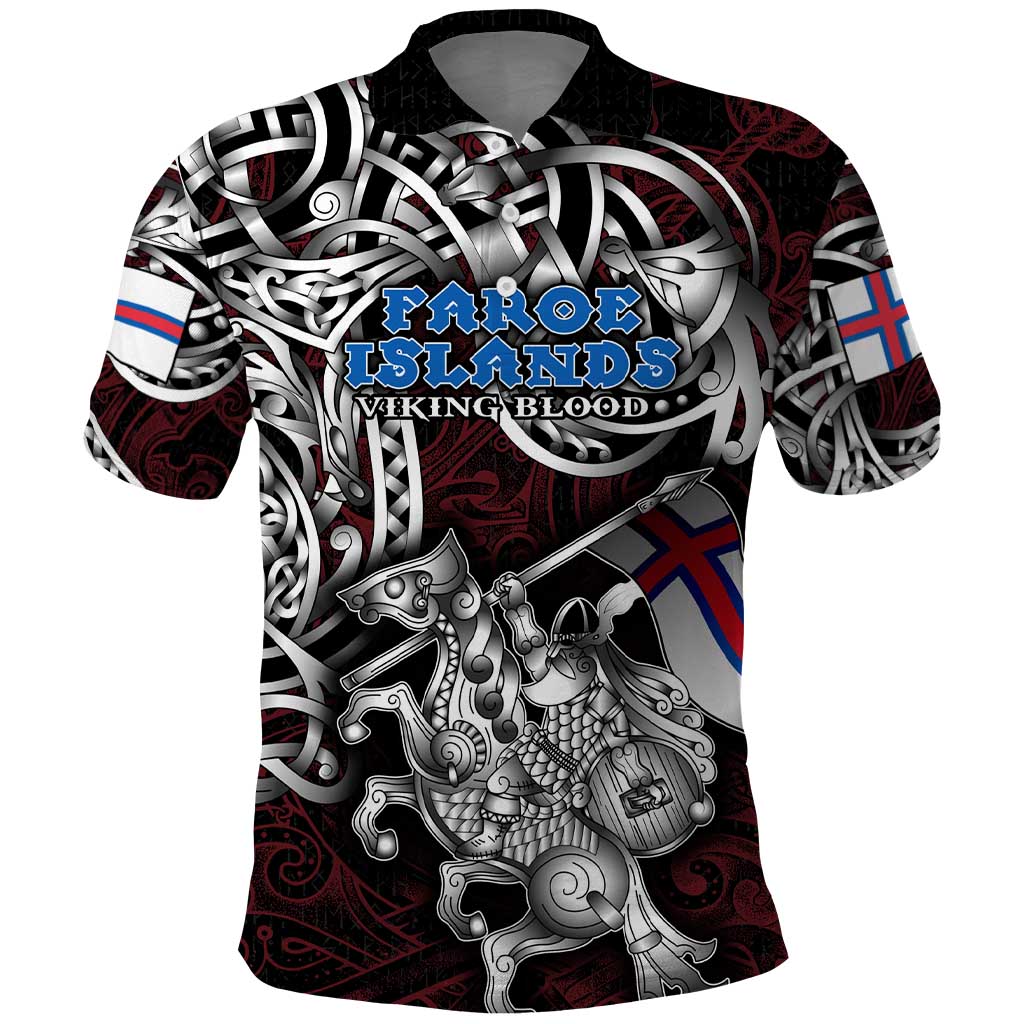 Personalized Faroe Islands Viking Blood Polo Shirt Nordic Runes and Shield of Ancestry in Tribal Knotwork DT02