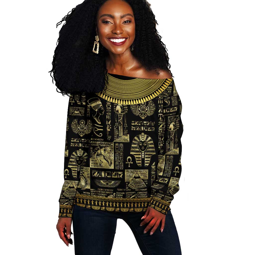 Egypt Pharaoh Off Shoulder Sweater Egyptian Hieroglyphs and Symbols DT02