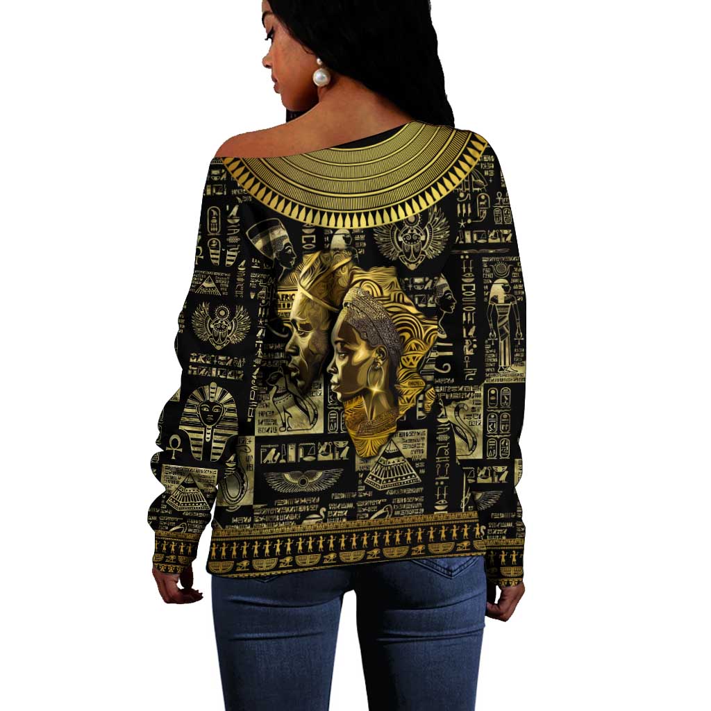 Egypt Pharaoh Off Shoulder Sweater Egyptian Hieroglyphs and Symbols DT02