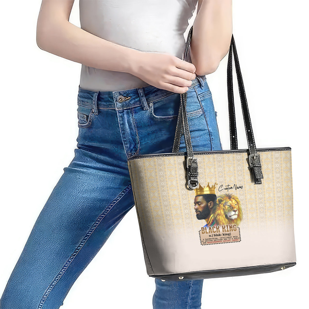 Lion Black King Leather Tote Bag African Heritage DT02