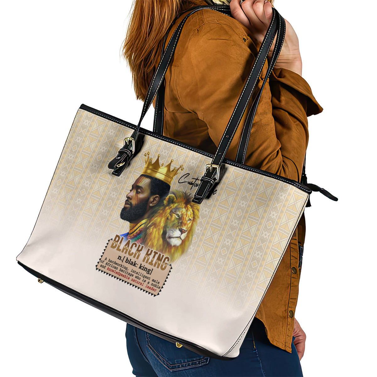 Lion Black King Leather Tote Bag African Heritage DT02