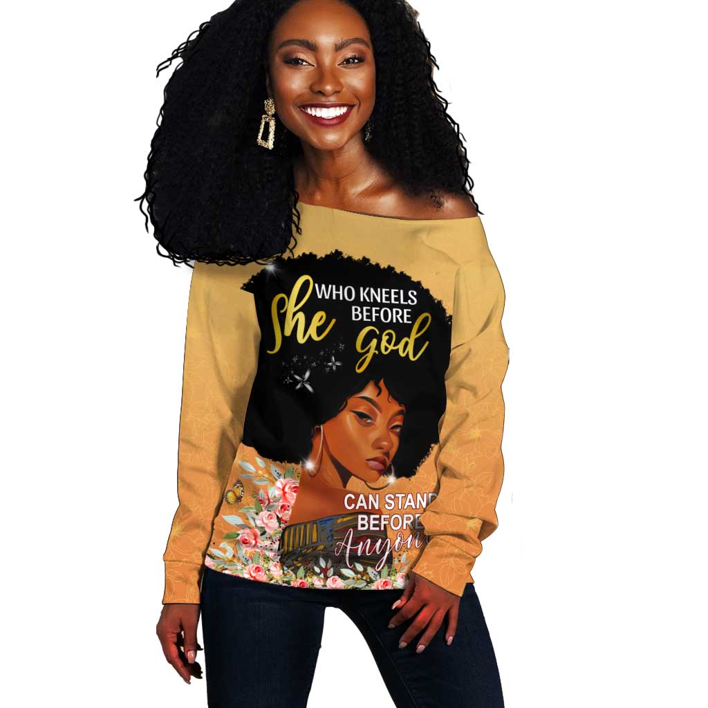 Personalized African Black Women Off Shoulder Sweater She Who Kneels Before God DT02