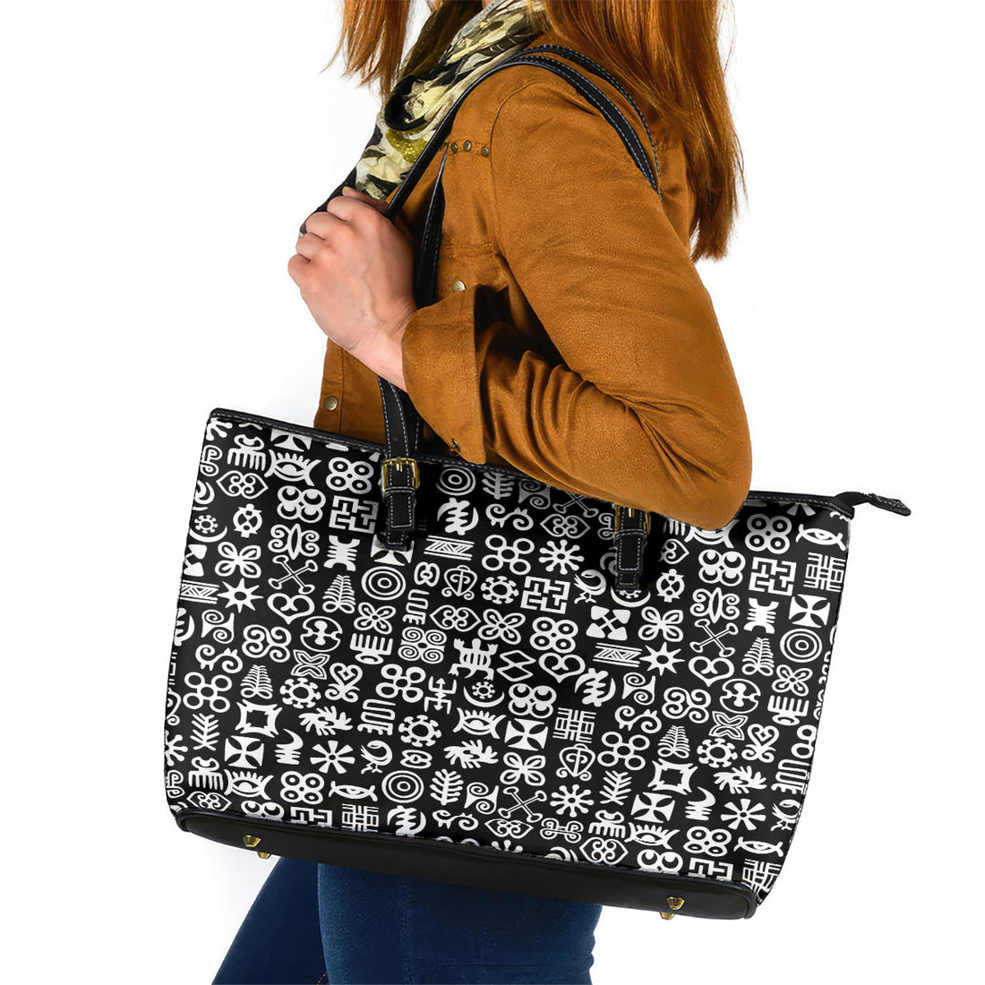 Mix Adinkra Leather Tote Bag Black Pattern DT02