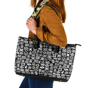 Mix Adinkra Leather Tote Bag Black Pattern DT02