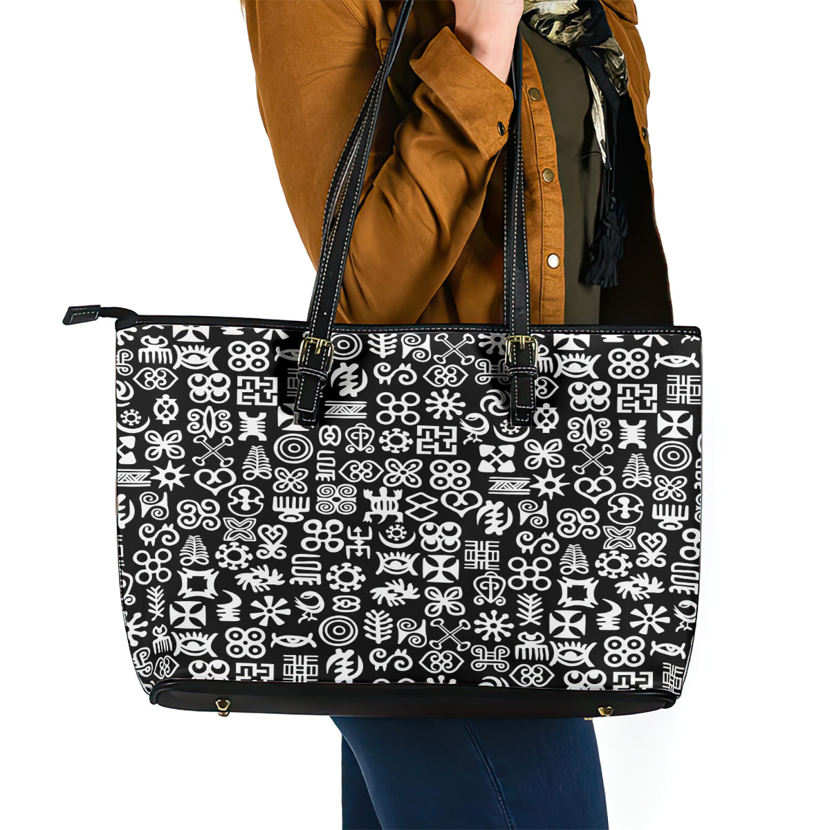 Mix Adinkra Leather Tote Bag Black Pattern DT02