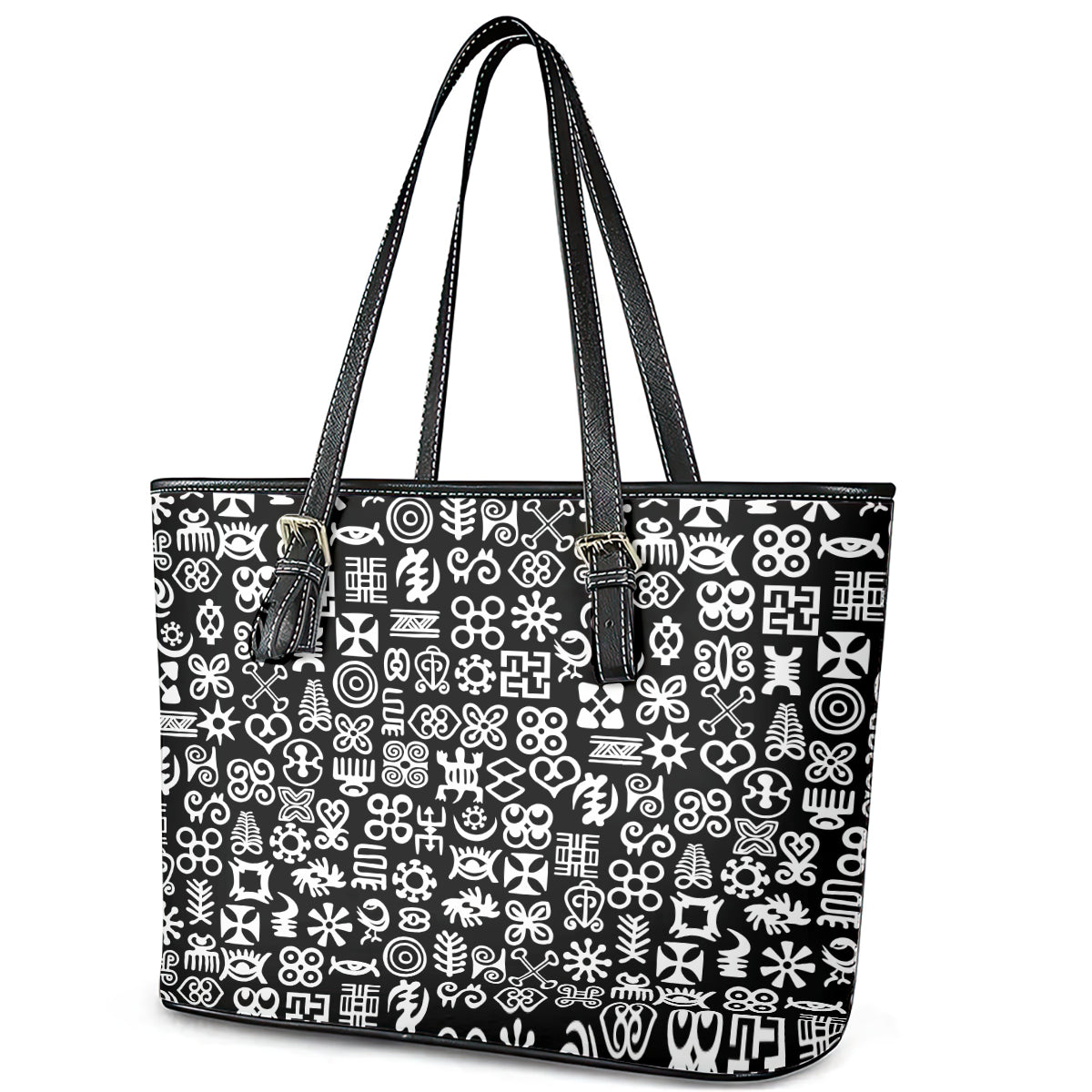 Mix Adinkra Leather Tote Bag Black Pattern DT02