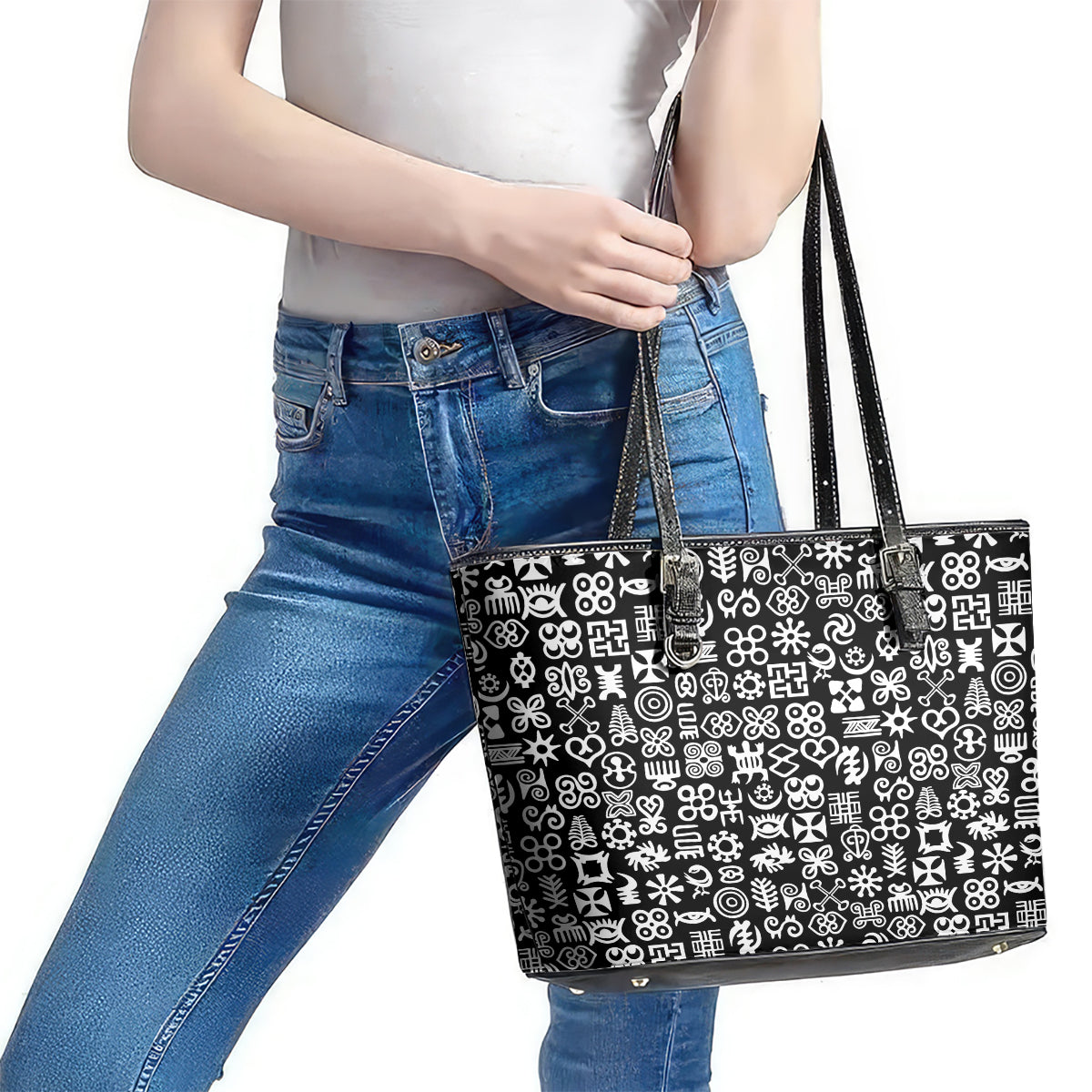 Mix Adinkra Leather Tote Bag Black Pattern DT02