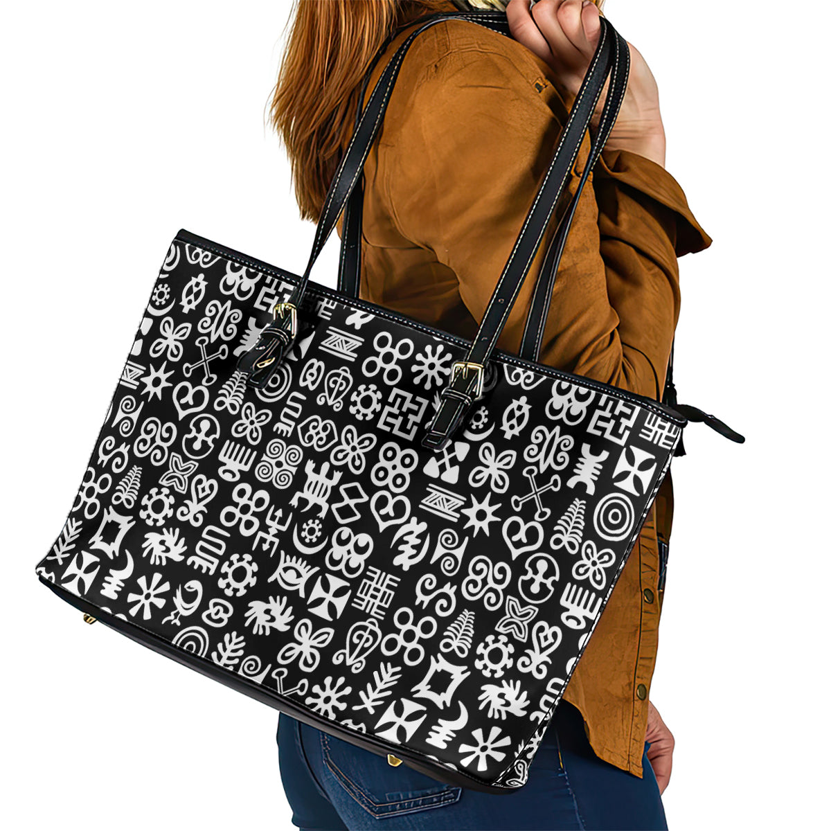 Mix Adinkra Leather Tote Bag Black Pattern DT02