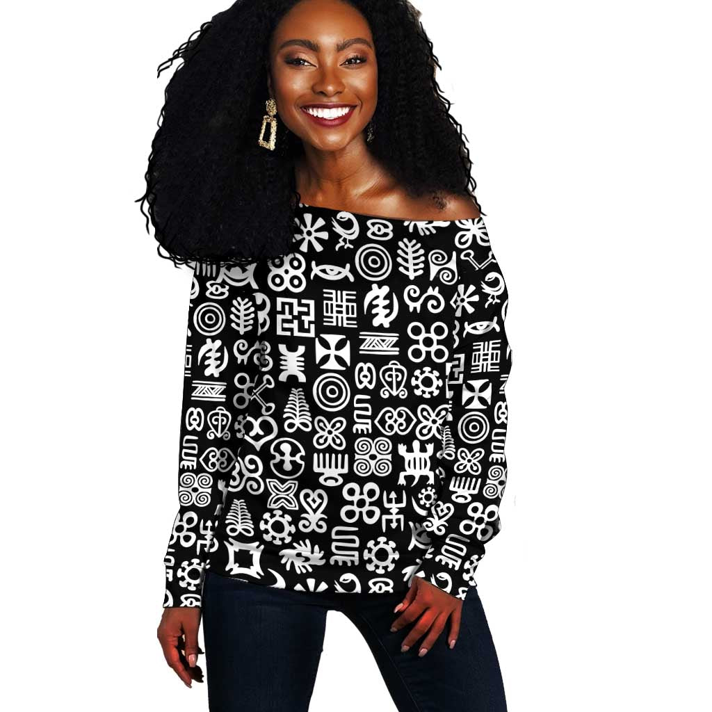 African Adinkra Off Shoulder Sweater - Mixed Pattern Symbols DT02