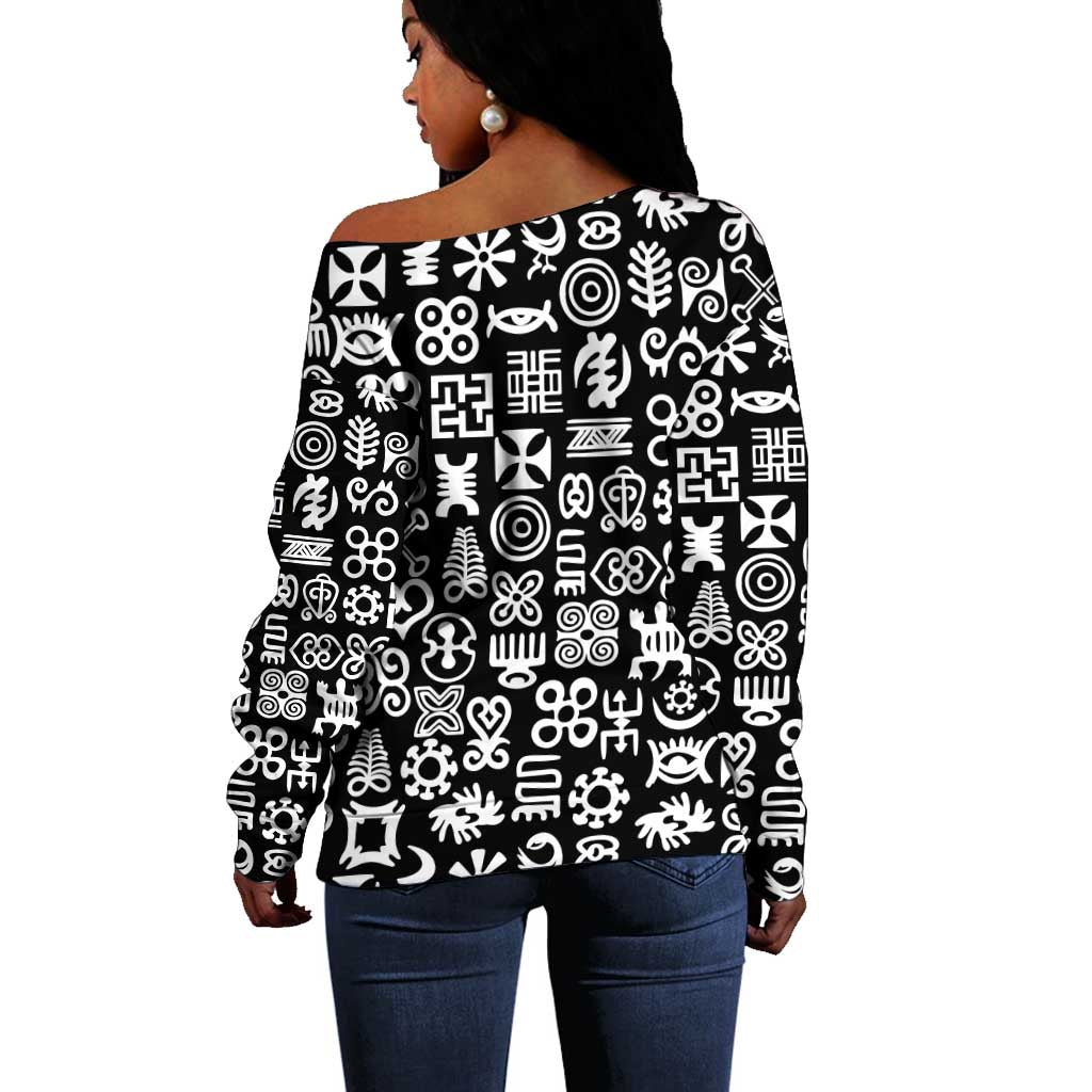 African Adinkra Off Shoulder Sweater - Mixed Pattern Symbols DT02